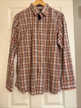 Banana Republic Orange and Blue Plaid Long-Sleeve Dress Shirt